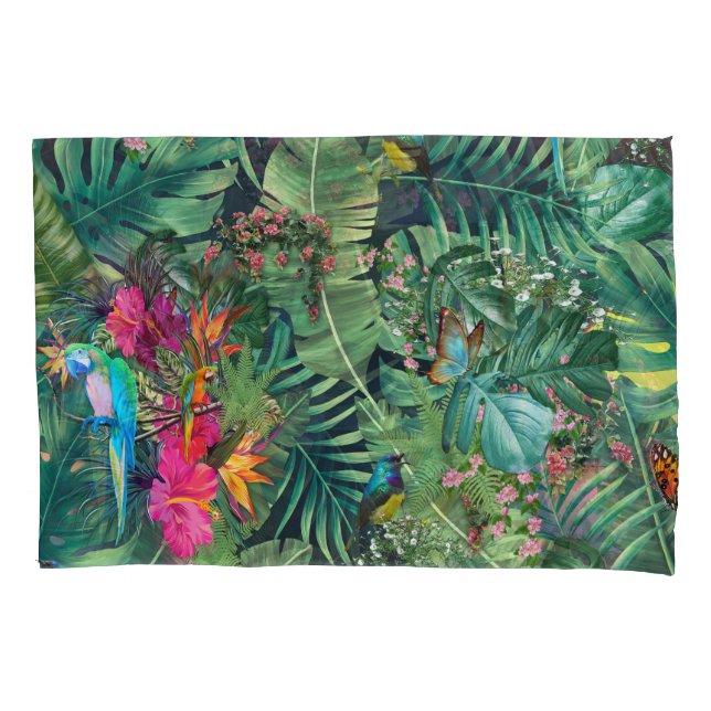 Housse D'oreillers Plante vert tropical feuilles et perroquets (devant)