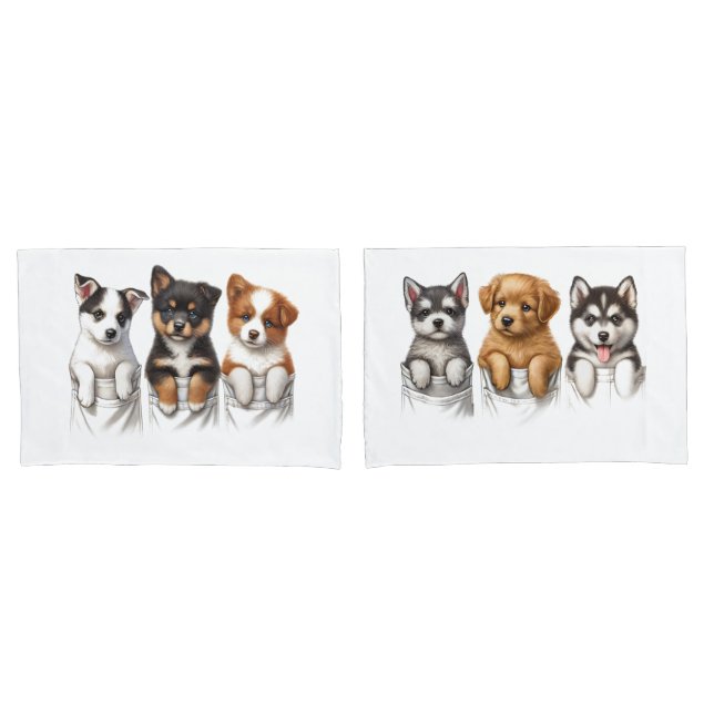 Housse D'oreillers Poches super mignonnes pleines de chiots (devant-Set)
