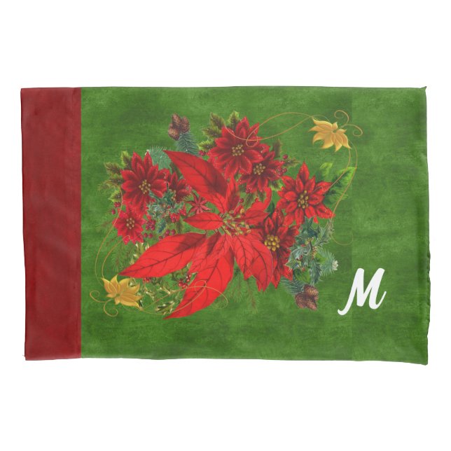 Housse D'oreillers Poinsettias Florales de vacances Monogrammes (devant)