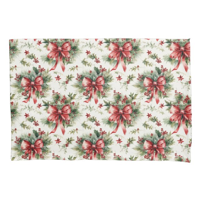 Housse D'oreillers Red Bows and Holly Leaves (devant)