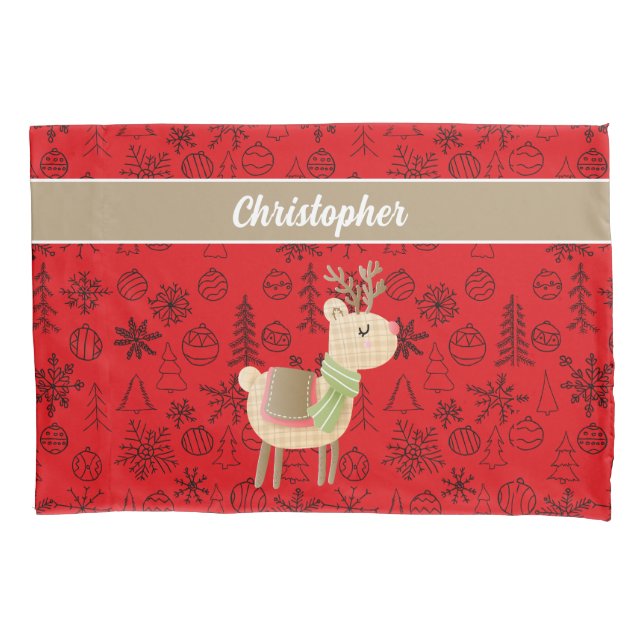 Housse D'oreillers Reindeer Coussin Coque, script personnalisé rouge (devant)