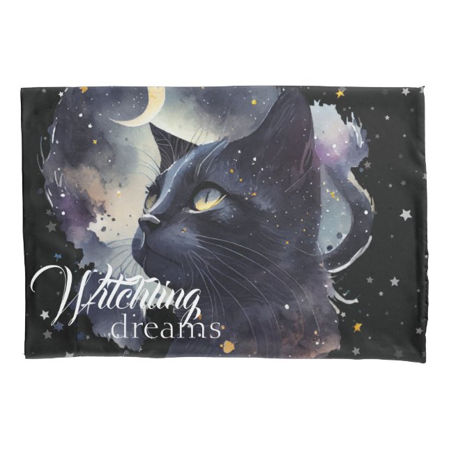 Housse D'oreillers Rêves de cuisine Chat noir et étoiles (devant)