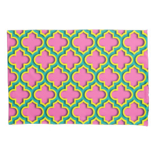 Housse D'oreillers Rose chaud #2, Jaune, Quatrefoil marocain Turquois