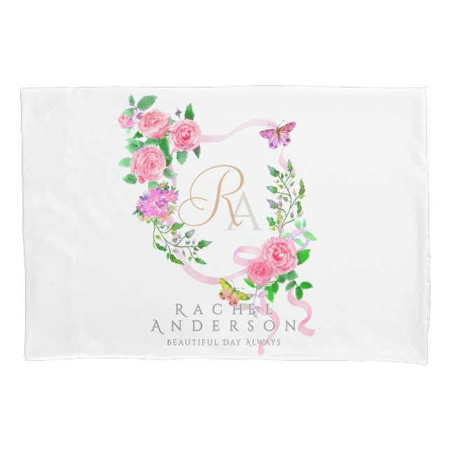 Housse D'oreillers Rose rose Riz Monogramme Blanc (devant)