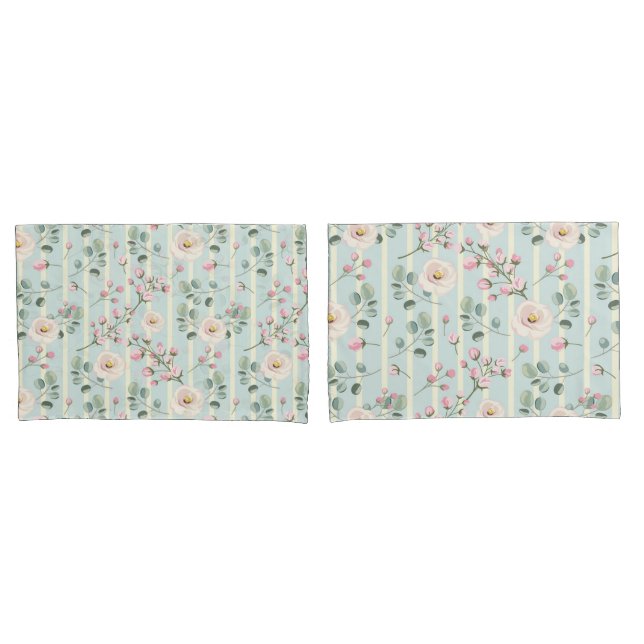 Housse D'oreillers Roses roses bleus bandes blanches (devant-Set)