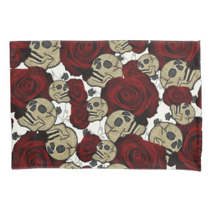 Housse D'oreillers Roses Rouges & Crânes Floral Noir Gothique Blanc