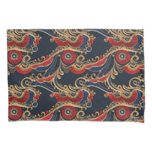 Housse D'oreillers Rouge riche, Marine, Or Flore Scroll