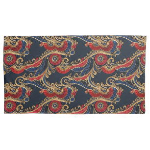 Housse D'oreillers Rouge riche, Marine, Or Flore Scroll