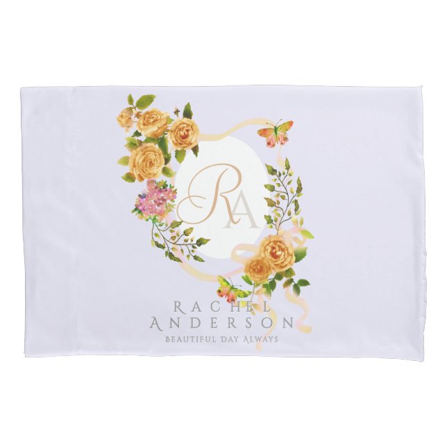 Housse D'oreillers Ruban Rose Or Monogramme violet (devant)