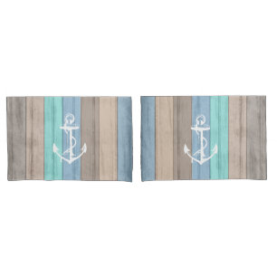 Housse D'oreillers Rustic Beach Wood Bandes et Ancres nautiques