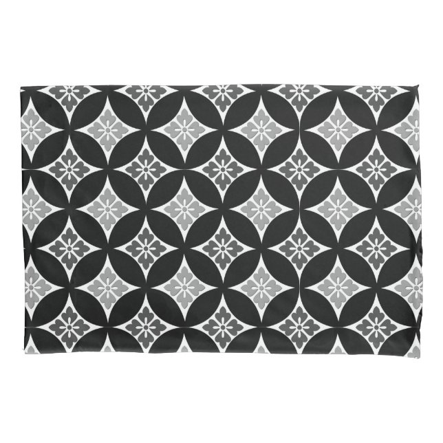 Housse D'oreillers Shippo avec Motif Fleur, Noir, Blanc et Gris (devant)