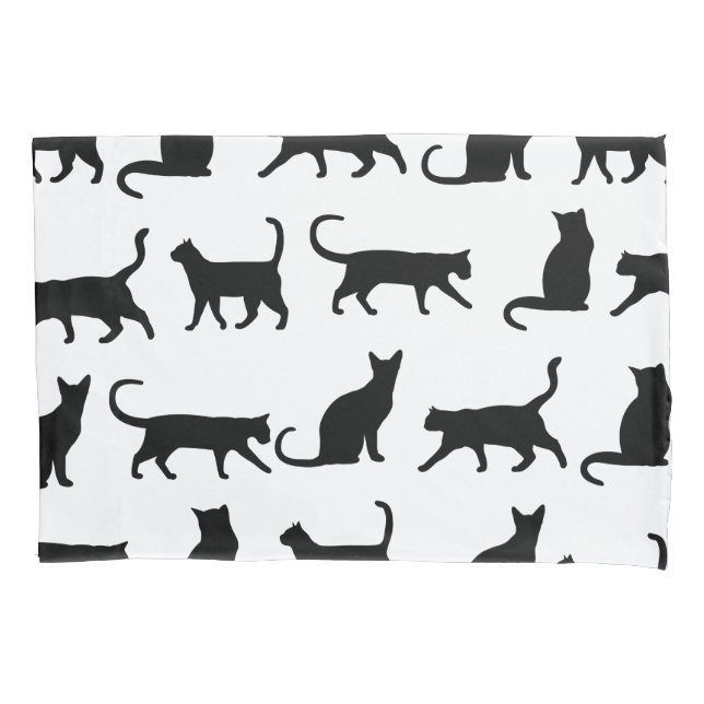 Housse D'oreillers Silhouettes à la mode et blanc de chat noir (devant)