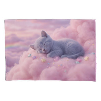 Housse D'oreillers Sleeping Pastel Kitten on Fluffy Pink Clouds Art