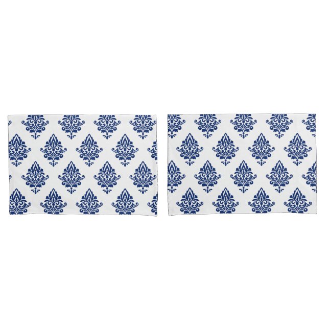Housse D'oreillers Style marine bleu et blanc Damas motif (devant-Set)