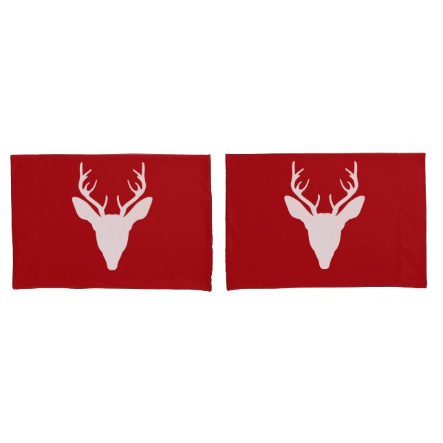 Housse D'oreillers Tête de cerf blanc Silhouette sur rouge (devant-Set)