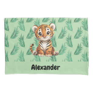 Housse D'oreillers Tigre de dessin mignon sur Feuilles tropicaux
