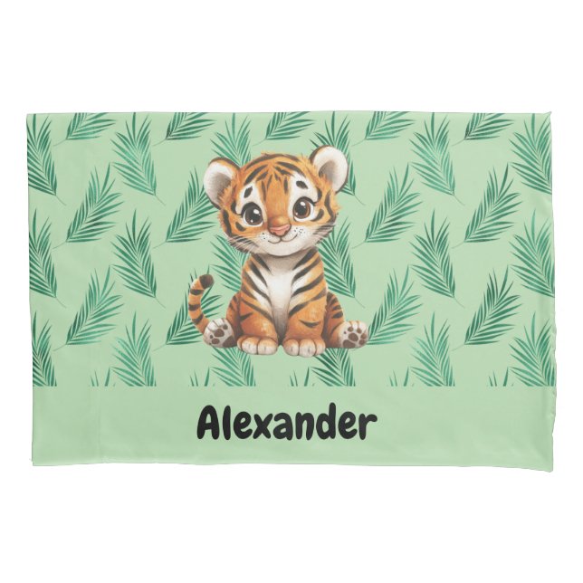 Housse D'oreillers Tigre de dessin mignon sur Feuilles tropicaux (devant)