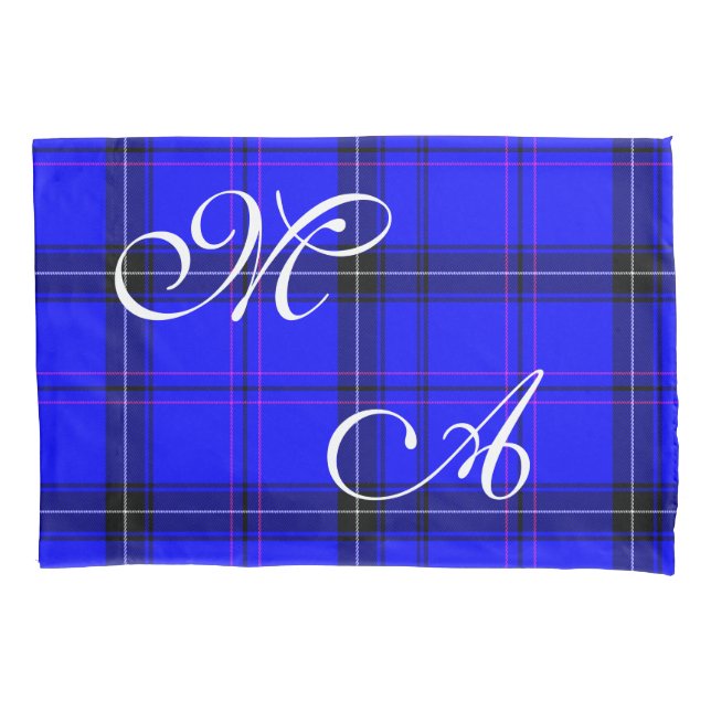 Housse D'oreillers Tissu Tartan Bleu Écossais Avec Monogramme (devant)