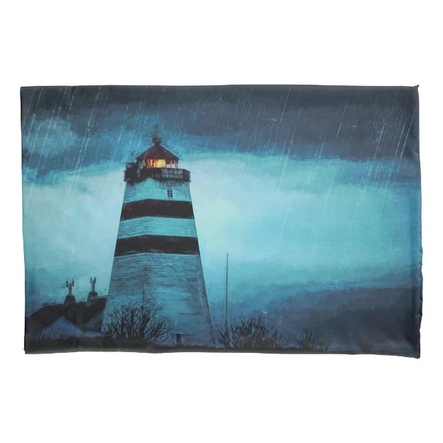 Housse D'oreillers Tour du phare bleu la nuit sous une pluie battante (devant)