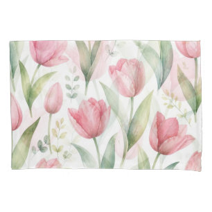 Housse D'oreillers Tulipes roses Peinture florale aquarelle botanique