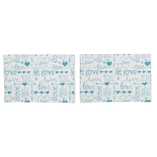 Housse D'oreillers Turquoise Amusement et Amour Moderne et Coeurs (devant-Set)