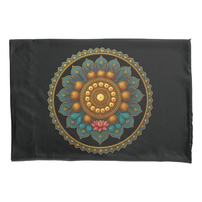 Housse D'oreillers Turquoise Lotus Mandala - Reversible Black Boho (devant)