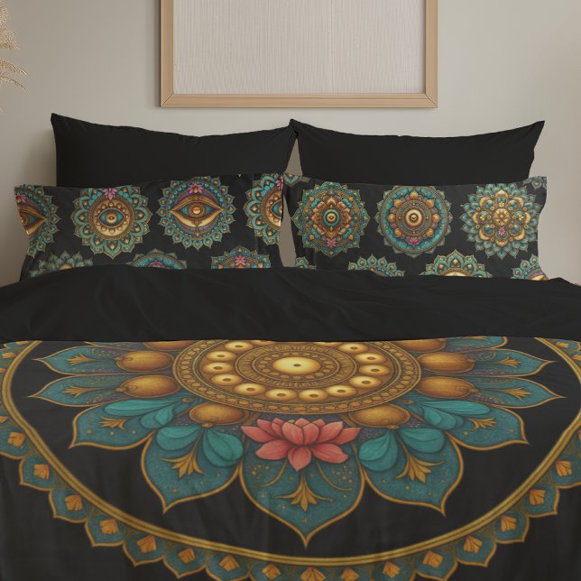 Housse D'oreillers Turquoise Lotus Mandala - Reversible Black Boho (Créateur téléchargé)