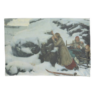 Housse D'oreillers Village brûlé en hiver (par Albert Edelfeue)