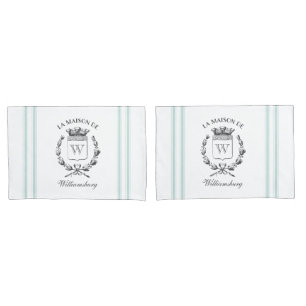 Housse D'oreillers Vintage Français Aqua Ticking Famille Crest Pillow
