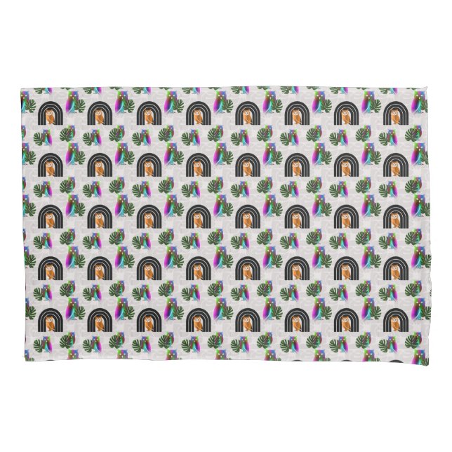 Housse D'oreillers Whimsical Boho Owl & Tropical Monstera Leaf (devant)