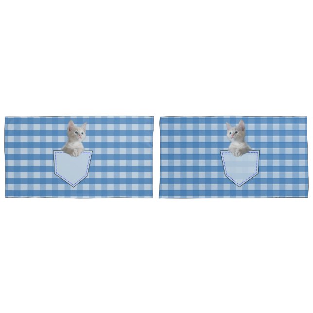 Housse D'oreillers White Kitten poche bleu chèque drôle illusion 3D (devant-Set)