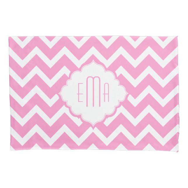 Housse D'oreillers Zigzag géométrique monogramme rose et blanc Chevro (devant)