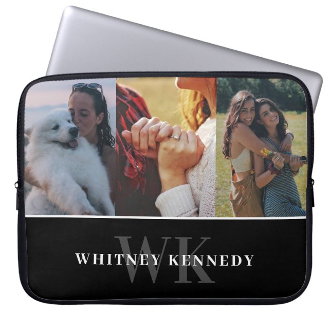Housse Pour Ordinateur Portable 3 Photo Collage noir minimaliste Monogramme (Devant)