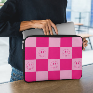 Housse Pour Ordinateur Portable À damiers rose chaud branché et joyeux visage sour