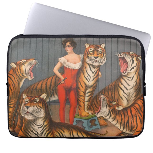Housse Pour Ordinateur Portable Affiche vintage De Cirque De Femme Avec Six Tigres (Devant)