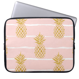 Housse Pour Ordinateur Portable Ananas en or, Arrière - plan d'été rayé.