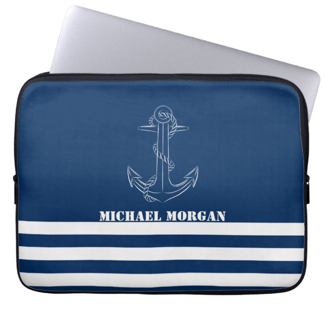 Housse Pour Ordinateur Portable Ancre nautique, Marine Blue Stripes (Devant)