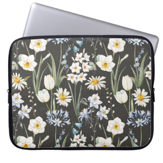 Housse Pour Ordinateur Portable Aquarelle botanique, motif à ressort fleuri.
