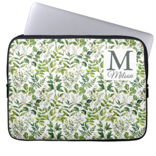 Housse Pour Ordinateur Portable Aquarelle Botanique Vert feuille monogramme