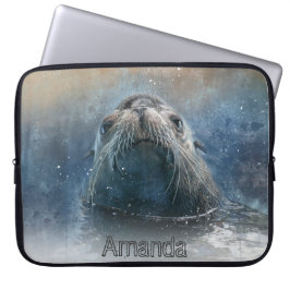 Housse Pour Ordinateur Portable Aquarelle de lion de mer mignon Monogramme Faune