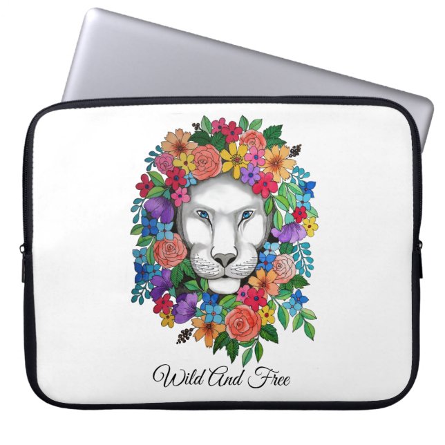 Housse Pour Ordinateur Portable Aquarelle Lion Et Fleurs Arc En Ciel (Devant)