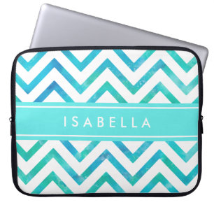Housse Pour Ordinateur Portable Aquarelle moderne Chevron Motif bleu et blanc