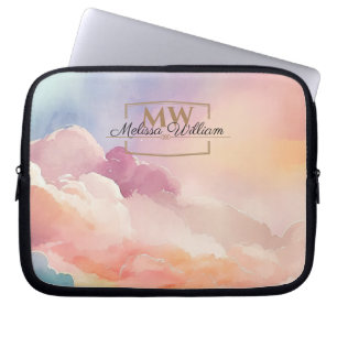 Housse Pour Ordinateur Portable Aquarelle Nuages Noir Or Monogramme Nom Script