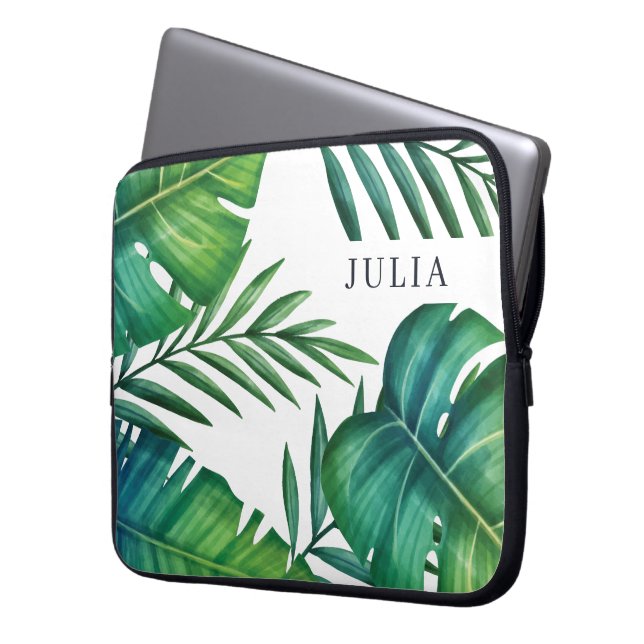Housse Pour Ordinateur Portable Aquarelle Personnalisée Feuilles tropicaux (devant gauche)