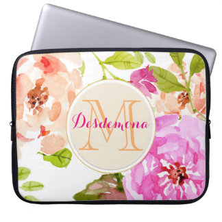 Housse Pour Ordinateur Portable Aquarelle rose monogramme Floral