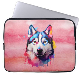 Housse Pour Ordinateur Portable Aquarelle Sibérienne Husky Art coloré