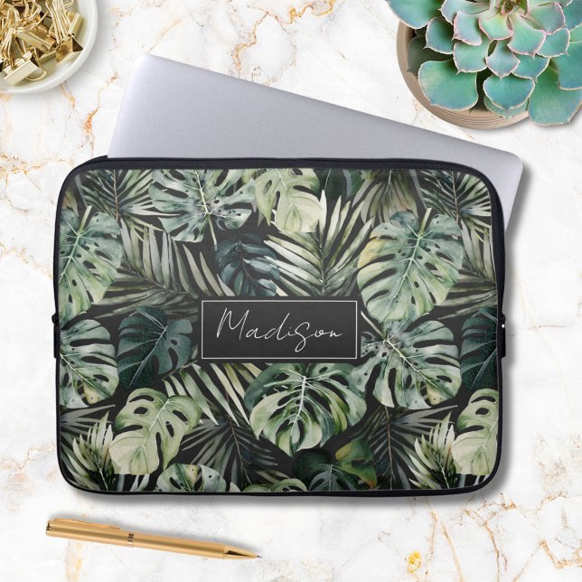 Housse Pour Ordinateur Portable Aquarelle Vert Forêt tropicale Feuille Motif (In situ)
