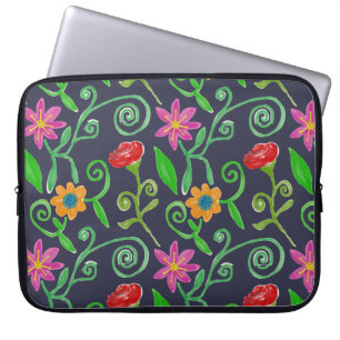 Housse Pour Ordinateur Portable Aquarelle Whimsical Floral Navy Bleu