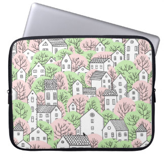 Housse Pour Ordinateur Portable Arbres et maisons sans couture motif. Printemps et