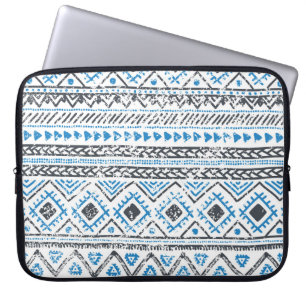 Housse Pour Ordinateur Portable Arrière - plan sans couture blanc bleu ethnique.